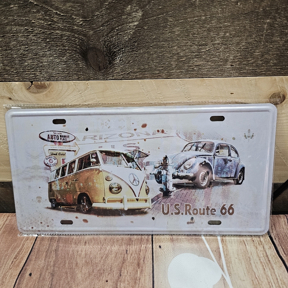 Route 66 Retro VW Bus and Bug. License Plate or Wall Hanging. NWT
